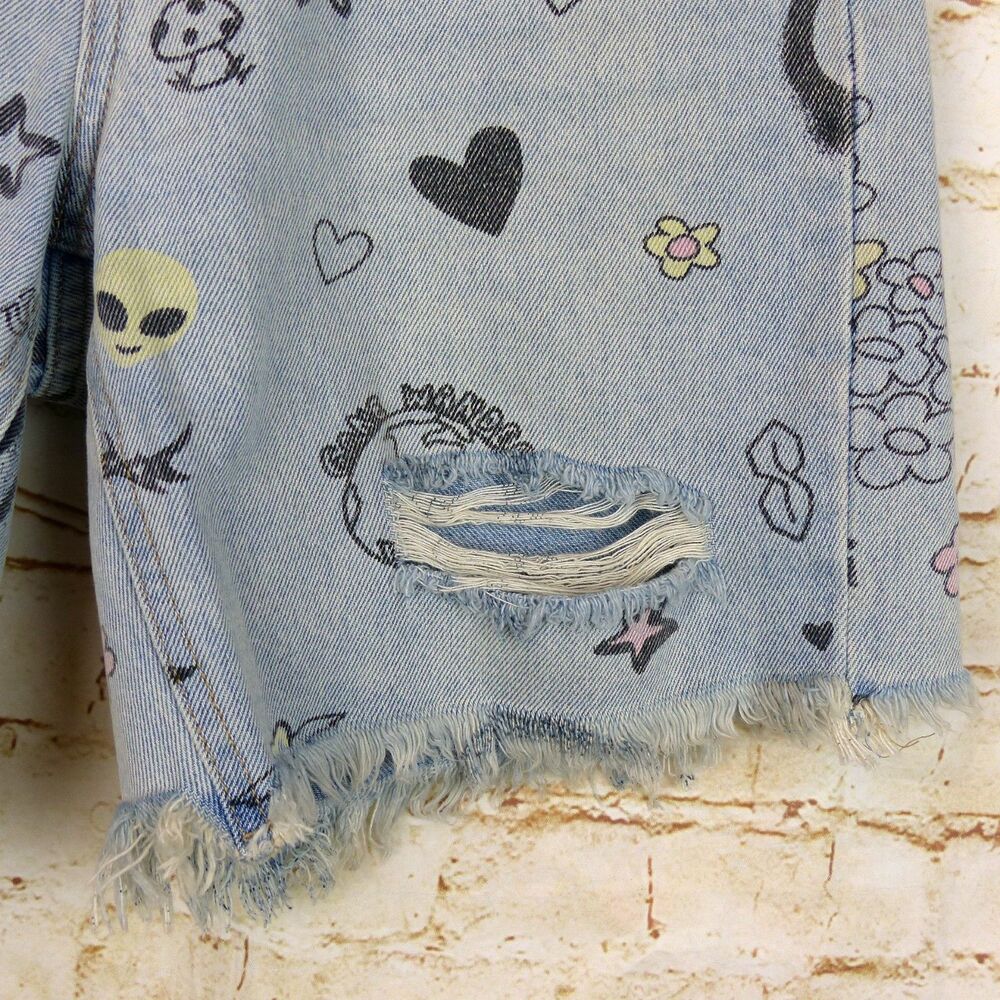 Wild Fable Denim Shorts Women 0 Doodle Print Bermuda Distressed High Rise Grunge - Picture 7 of 14